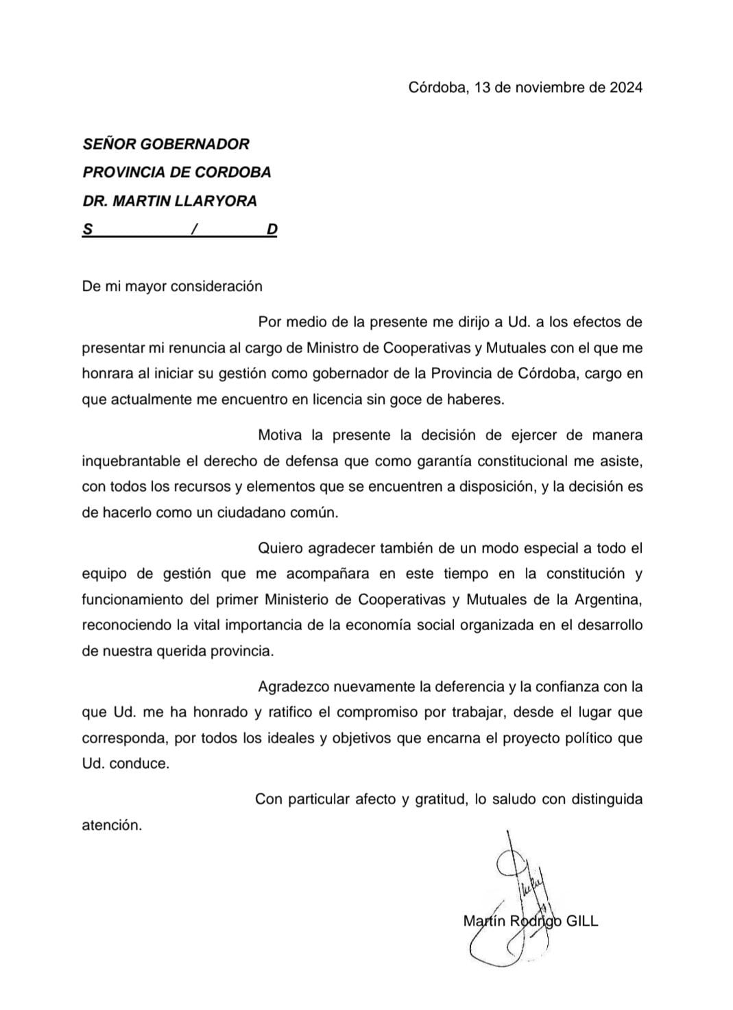 El exintendente de Villa María renunció de su cargo de ministro.