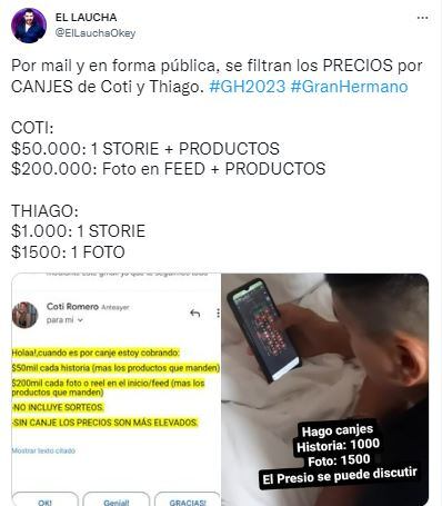 Los supuestos precios por publicaciones de Coti y una falsa publicación de Thiago.