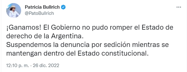 Patricia Bullrich suspendió la denuncia por sedición contra Alberto Fernández.