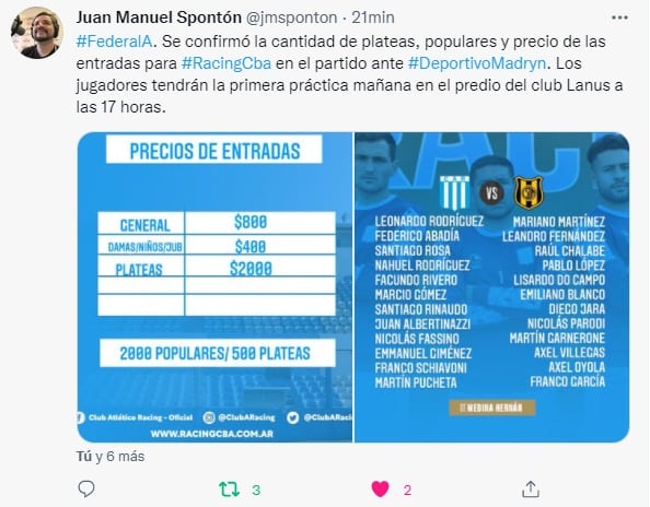 Los precios de las entradas para acompañar al plantel de Racing, que ya viajó a Buenos Aires.