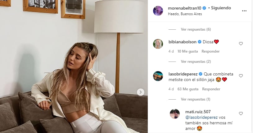 Morena Beltrán posó muy elegante desde la intimidad de su casa y Sol Pérez le dejó un comentario