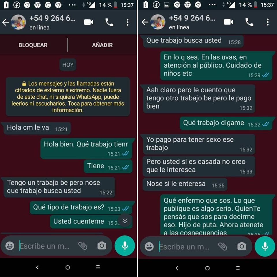 El chat de la sanjuanina con quien le propuso pagarle con sexo