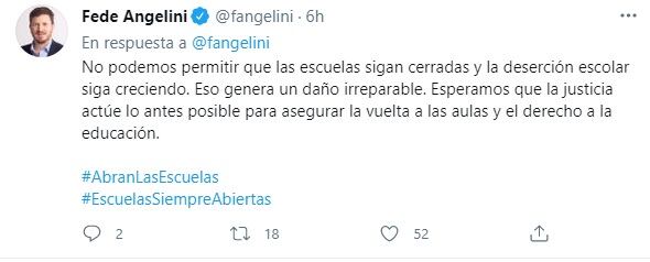 Angelini pidió a la Justicia la vuelta de las clases presenciales. (@fangelini)