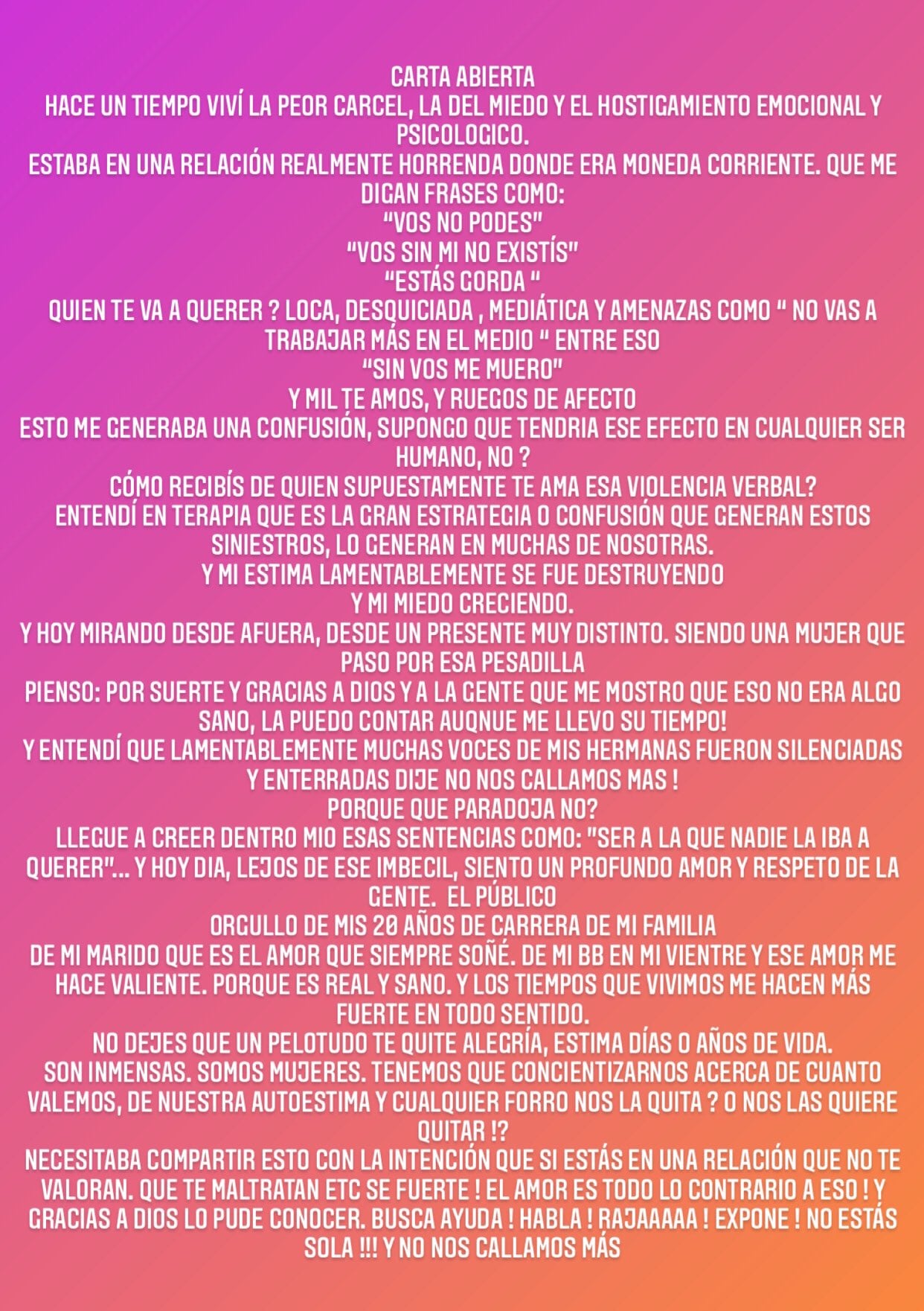 La carta que compartió Belén Francese sobre lo que vivió con una expareja.