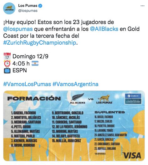 Los Pumas, con equipo confirmado para enfrentar a los All Blacks.