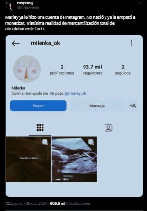 Las críticas a Marley por crear una cuenta de Instagram a su hija Milenka antes de que nazca