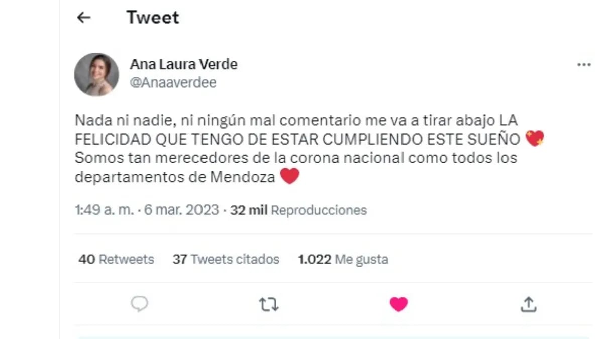 Tweet de la Reina Nacional de la Vendimia 2023.