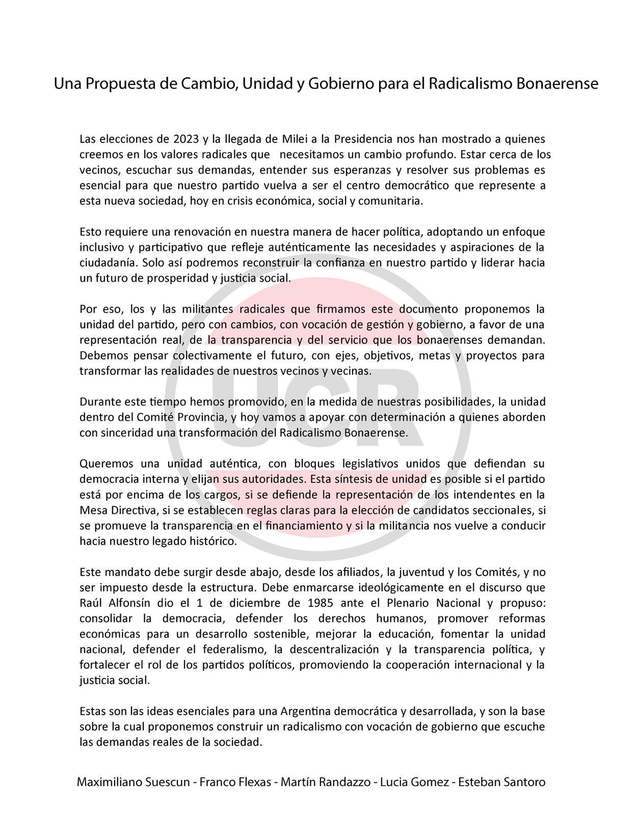 Comunicado de un grupo de intendentes radicales bonaerenses