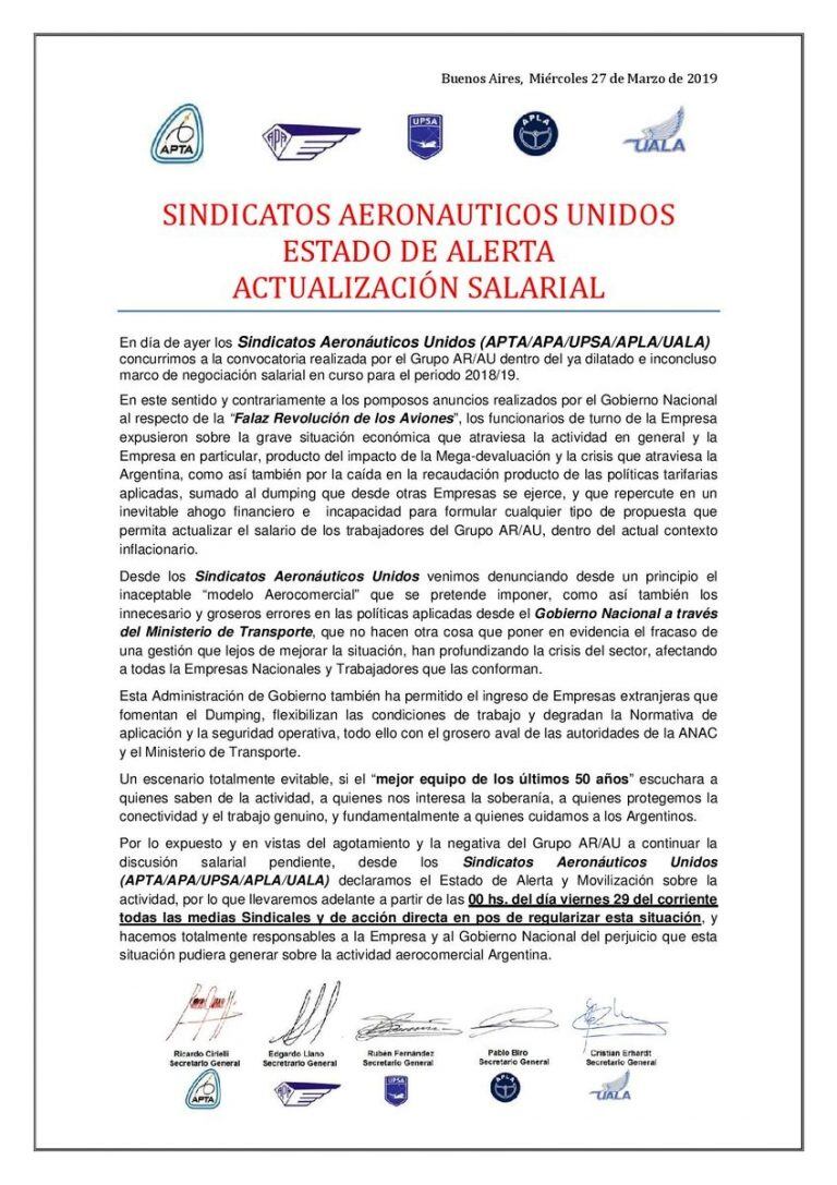 Comunicado de los Sindicatos Aeronáuticos Unidos