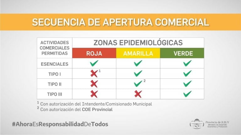 Cuadro que sintetiza el criterio para la apertura comercial, establecido por el Gobierno jujeño, asesorado por el COE provincial.