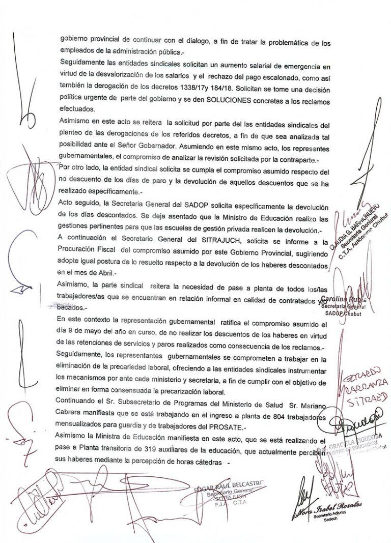 Acta firmada por el Gobierno y los gremios estatales.