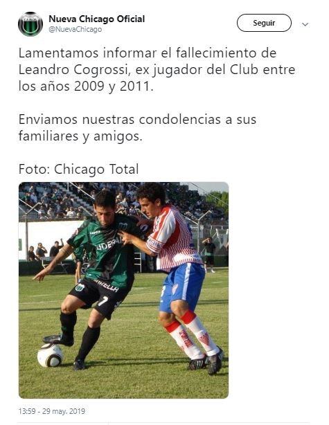 El mensaje de Nueva Chicago por el fallecimiento de Leandro Cogrossi (Foto: Twitter)