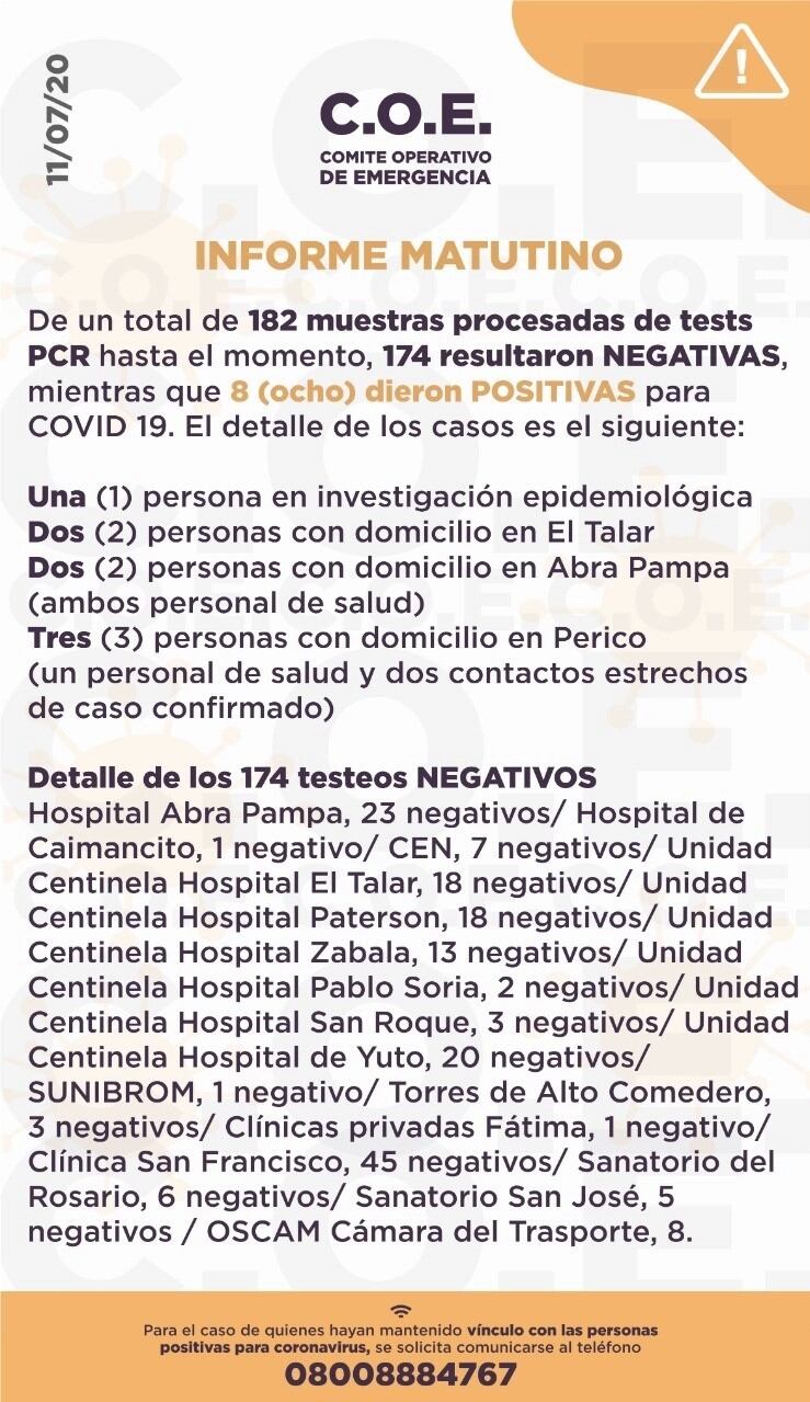 Resumen provisorio del COE Jujuy, correspondiente a la jornada del sábado 11 de julio.