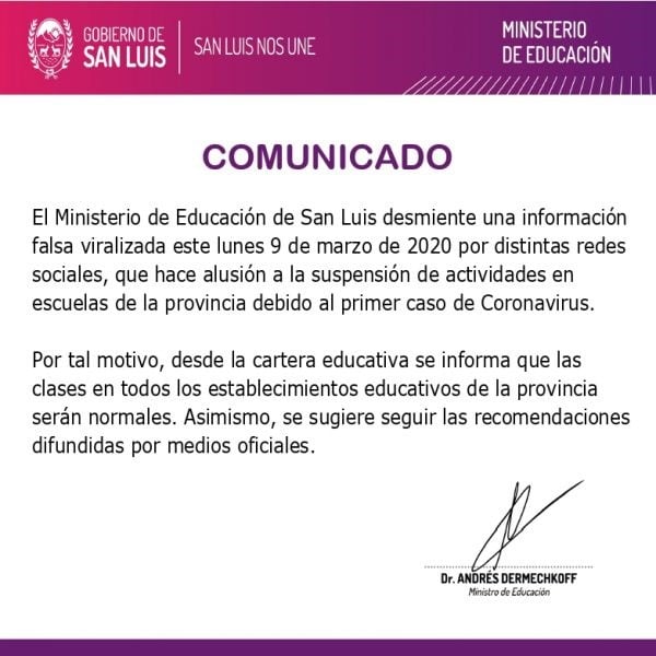 Comunicado oficial del Ministerio de Educación de San Luis.