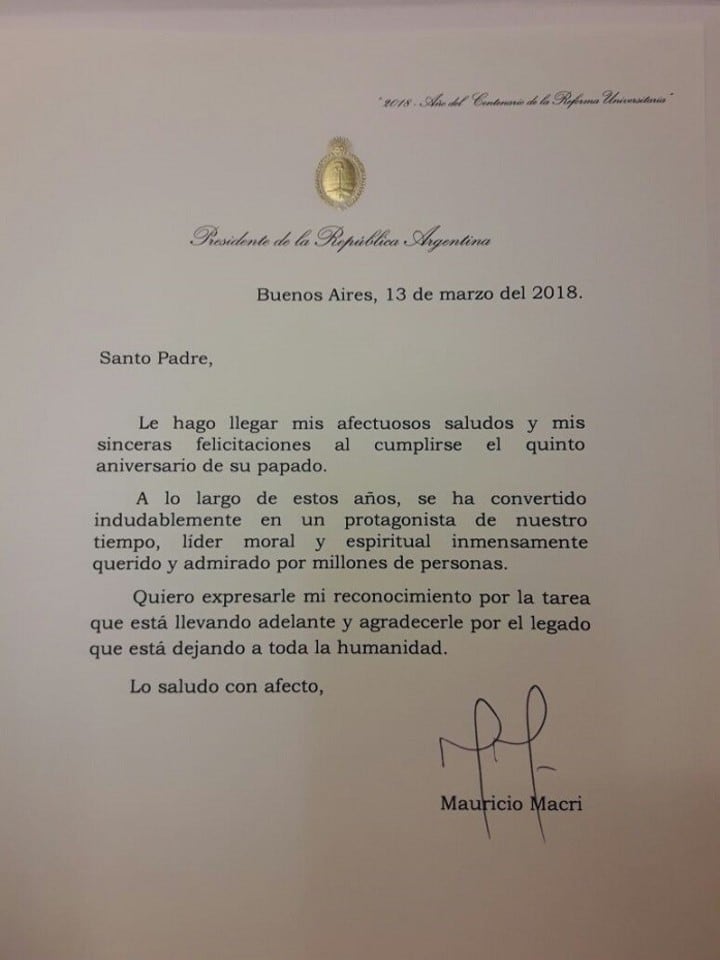 La carta de Macri al Papa.