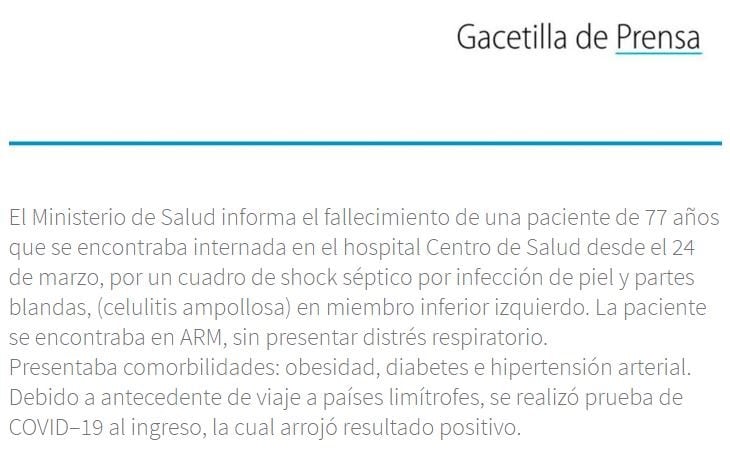 Comunicado Oficial del Ministerio de Salud de Tucumán.