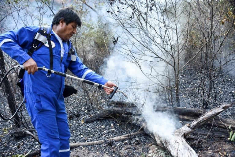 El presidente boliviano Evo Morales rociando agua en un incendio forestal en la comunidad de Santa Rosa, cerca de Robore, en el este de Bolivia, al sur de la cuenca del Amazonas, el 28 de agosto pasado. Según el Gobierno, los incendios han destruido 1,2 millones hectáreas de bosques y praderas en Bolivia este año, aunque los ambientalistas afirman que la verdadera cifra es mucho mayor en este desastre ambiental en la parte boliviana de la selva amazónica, donde los incendios forestales han estado en su apogeo desde mayo. (Photo by HO / Ministerio de Comunicacion de Bolivia / AFP)