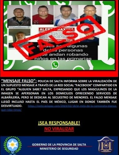 La publicación falsa que circula por Facebook. (Policía de Salta)