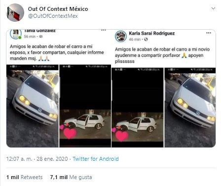 Le robaron el auto y su esposa y su novia compartieron la misma foto: descubrieron la infidelidad (Foto: Twitter/ @OutOfContextMex)