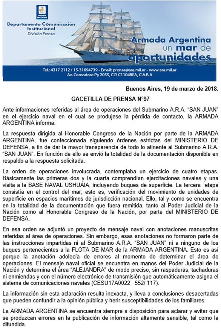 Comunicado de la Armada Argentina.