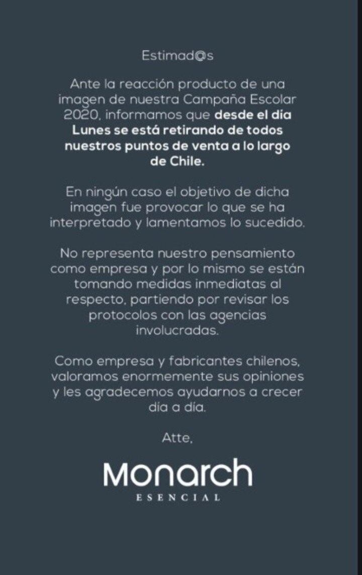 El comunicado de 'Monarch' tras retirar los anuncios.