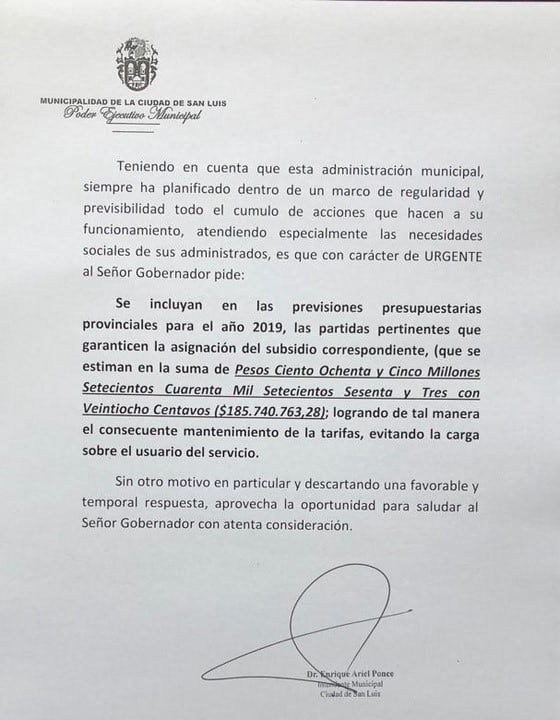 Nota de Enrique Ponce a Alberto Rodríguez Saá.