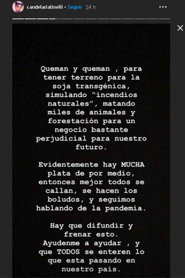 Cande Tinelli compartió historias sobre los incendios en Córdoba.