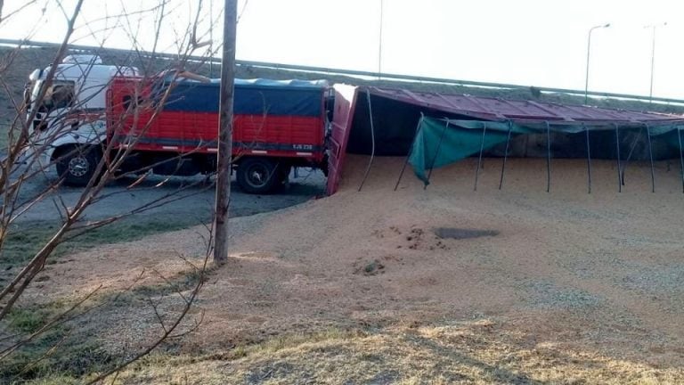 El camión volcó y perdió 30 toneladas de maíz.