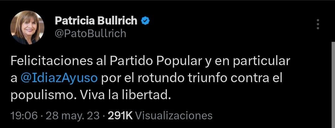 Patricia Bullrich y Horacio Rodríguez Larreta celebraron el triunfo de la derecha en las elecciones regionales de España.