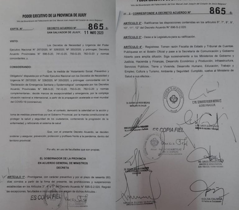 El decreto N° 865 firmado este miércoles por el gobernador Morales y sus ministros.