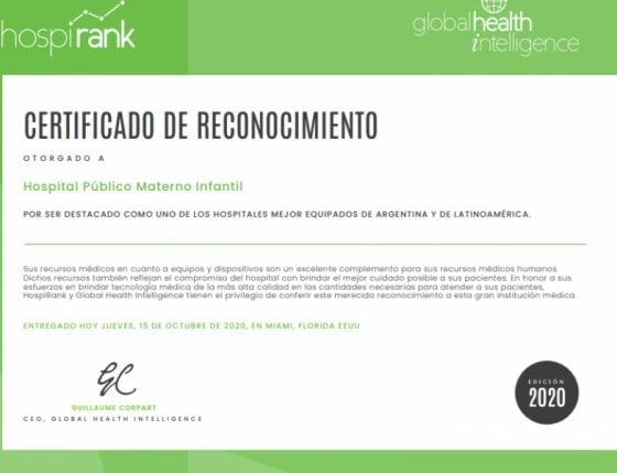 Reconocimiento de Global Health Inteligence para el Hospital Materno Infantil