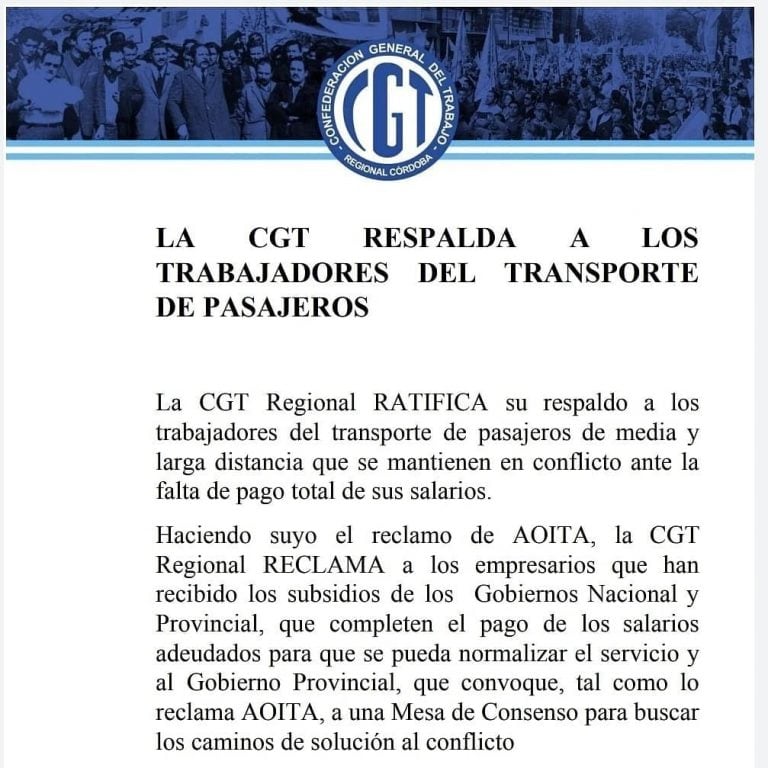 CGT Córdoba respalda a los choferes de paro