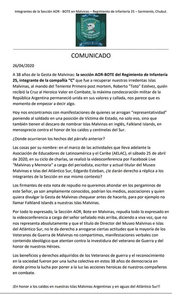 Comunicado de repudio al Director del Museo Malvinas.
(Gentileza de Malvinas en la mira)