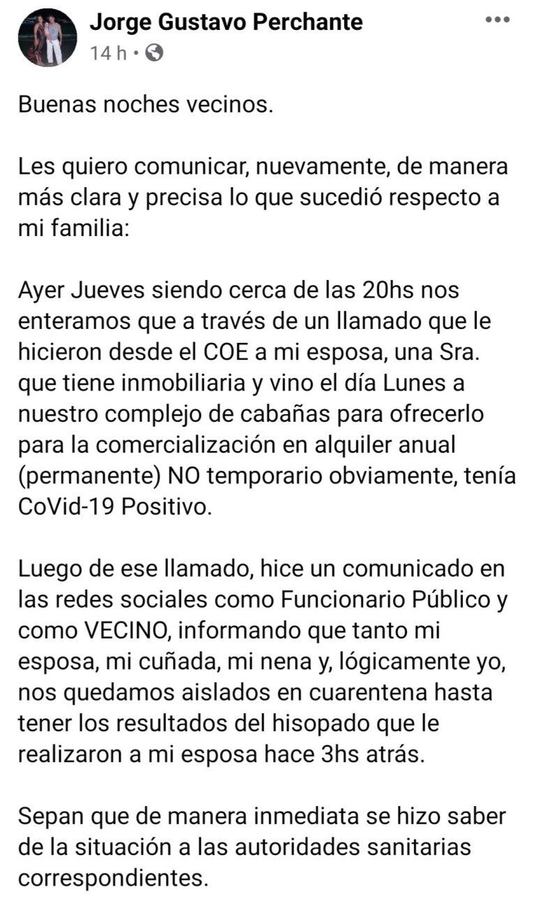 Mensaje difundido por el funcionario comunal, Jorge Perchante. (Foto: captura / Facebook).