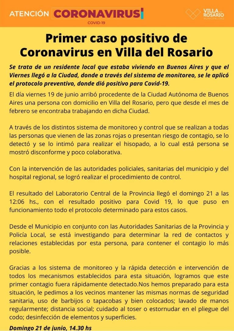 Comunicado Oficial. Coronavirus en Villa del Rosario