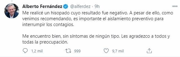 El mensaje de Alberto Fernández tras su primer hisopado. (Twitter)