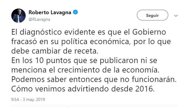 Declaraciones de Roberto Lavagna en Twitter