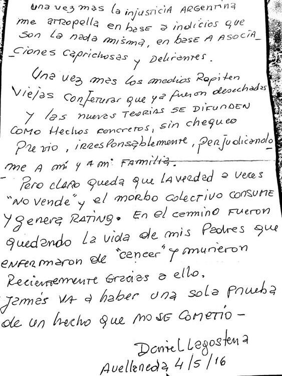 Carta escrita por Lagostena desde a cárcel con críticas a la justicia