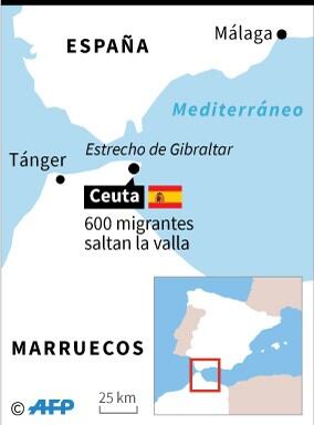 Localización de Ceuta (España) donde 600 migrantes han saltado la doble valla de la frontera para acceder a territorio español - AFP / AFP / KUN TIAN