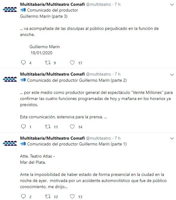 Comunicado del productor Guillermo Marín, en la cuenta de Multitabaris (a cargo del Teatro Atlas).