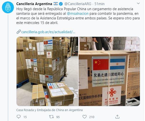 Coronavirus en Argentina: arribó un nuevo vuelo con insumos médicos procedentes de China. (Twitter/@CancilleriaARG)