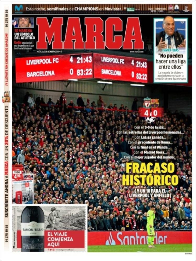 Los medios deportivos de España, lapidarios con el Barcelona tras el papelón frente al Liverpool.