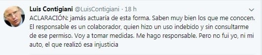 Contigiani hizo su descargo en Twitter.