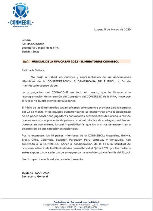 La carta de la Conmebol enviada a la FIFA para solicitar la postergación del inicio de las Eliminatorias Sudamericanas para Qatar 2022. (Conmebol)