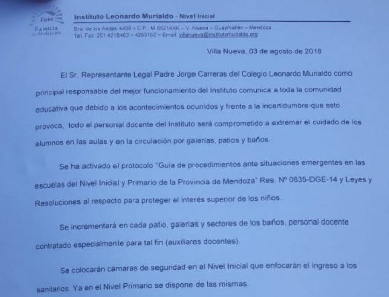 Comunicado del Colegio Murialdo.