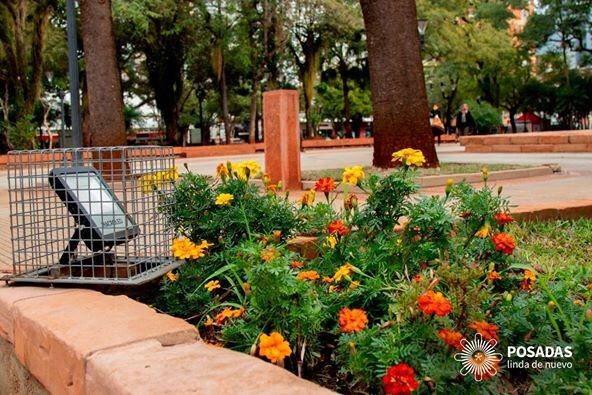 Grupos florales nuevos e iluminación en la Plaza 9 de Julio de Posadas.