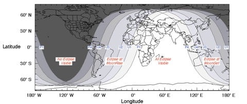 El siguiente mapa muestra las regiones desde las cuales será posible ver el eclipse. En gris, las zonas que no observarán el eclipse; en blanco, las que si lo verán; y en celeste, las regiones que podrán ver el eclipse durante la salida o puesta de la luna.