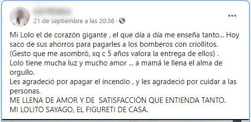 Lolo, el pequeño de 5 años que usó sus ahorros para comprarle criollos a los bomberos.