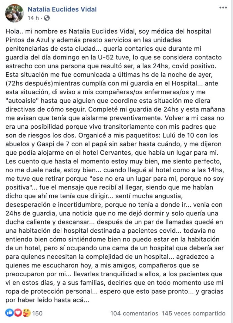 El posteo completo de la médica