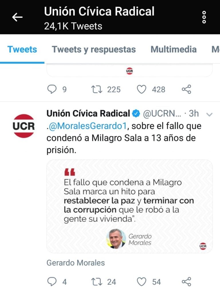 Declaraciones de la UCR en Twitter